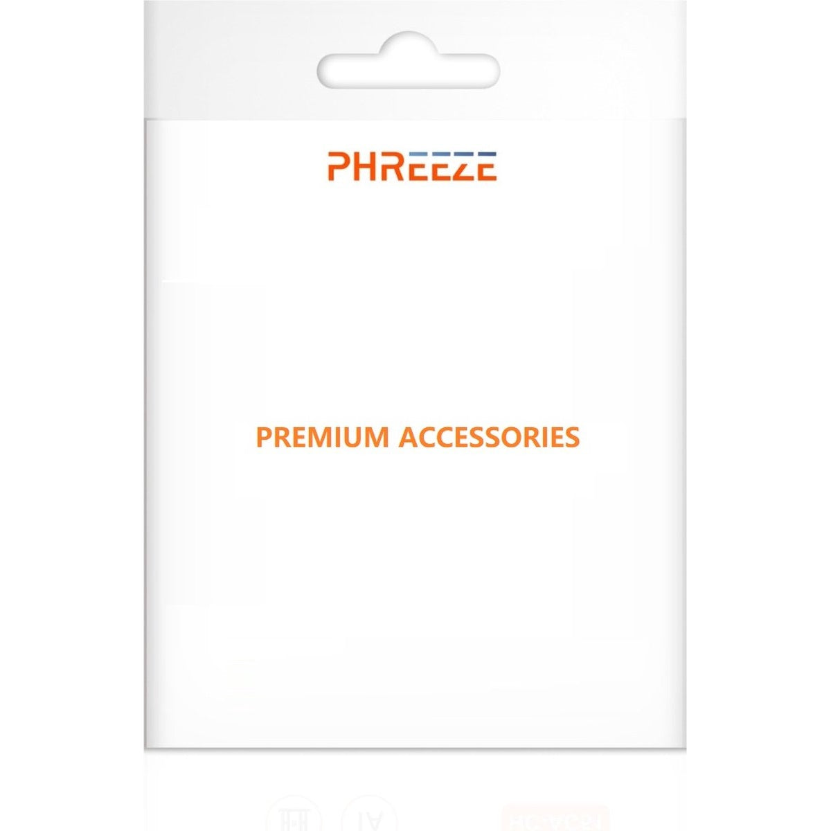 Witte verpakking met ophanggat. De merknaam 'PHREEZE' is oranje. Daaronder staat 'PREMIUM ACCESSOIRES' in oranje.