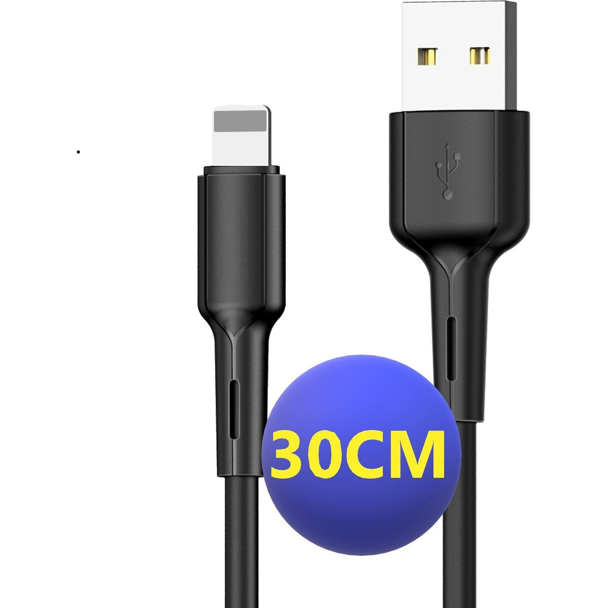 Zwarte USB-oplaadkabel met een Lightning-connector links en een USB-connector rechts, met een blauwe bol in het midden.