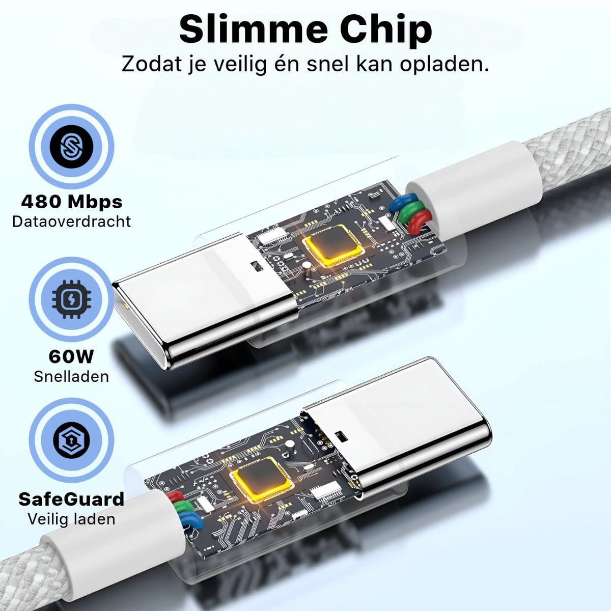 Afbeelding toont een close-up van een oplaadkabel met een slank chipontwerp. De kabel heeft witte connectoren en een gevlochten kabel. Tekst geeft functies aan.