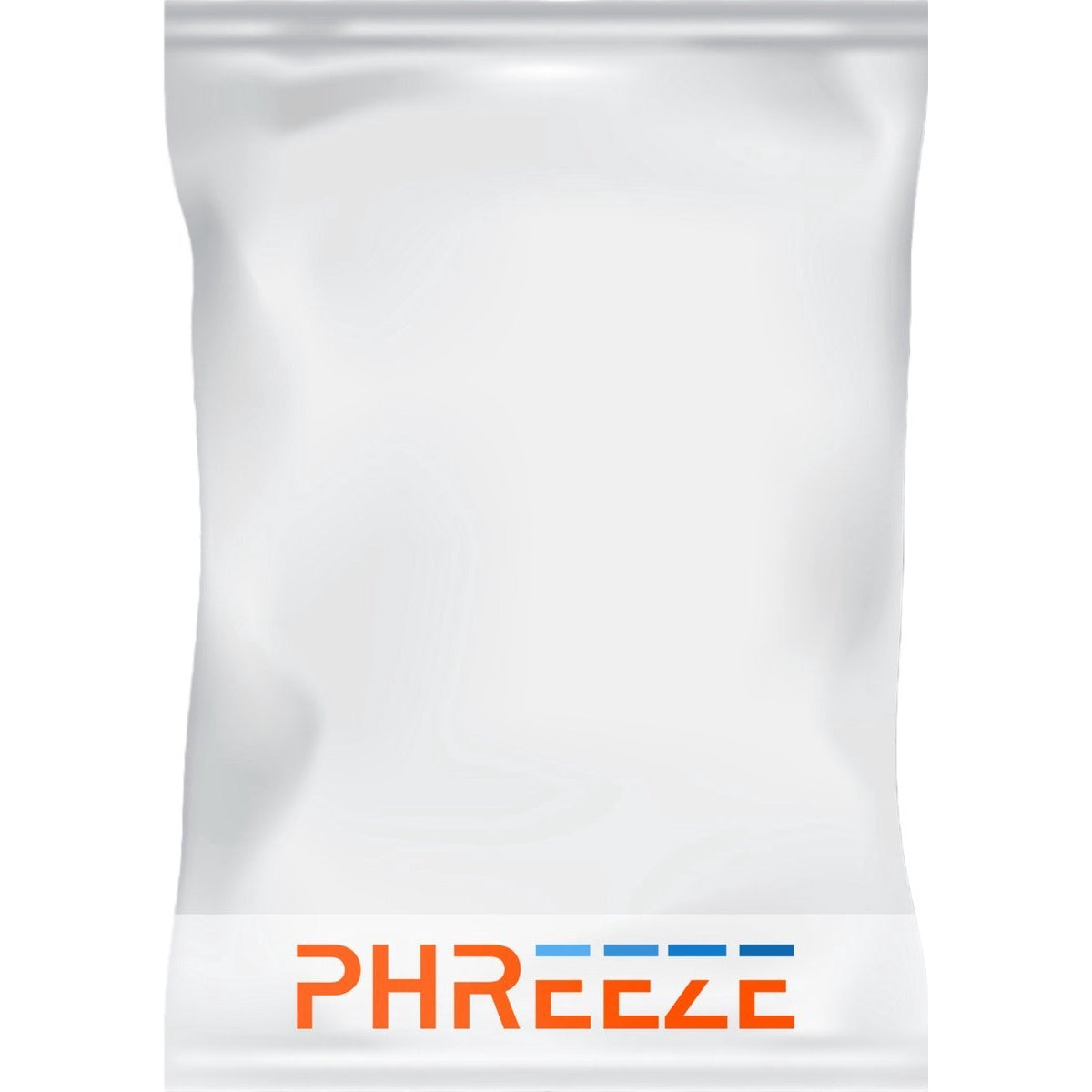 Een witte zak met "PHREEZE" in oranje letters. Blauwe horizontale lijnen boven de laatste "E".