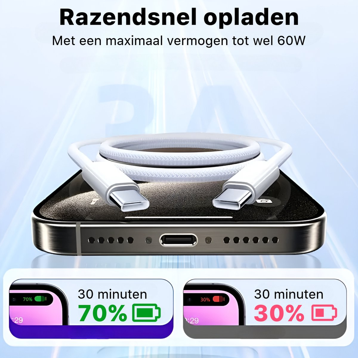 Phone charging with a white cable. Displays 70% charge in 30 minutes and 30% charge in 30 minutes. Text: 'Fast charging up to 60W'.
