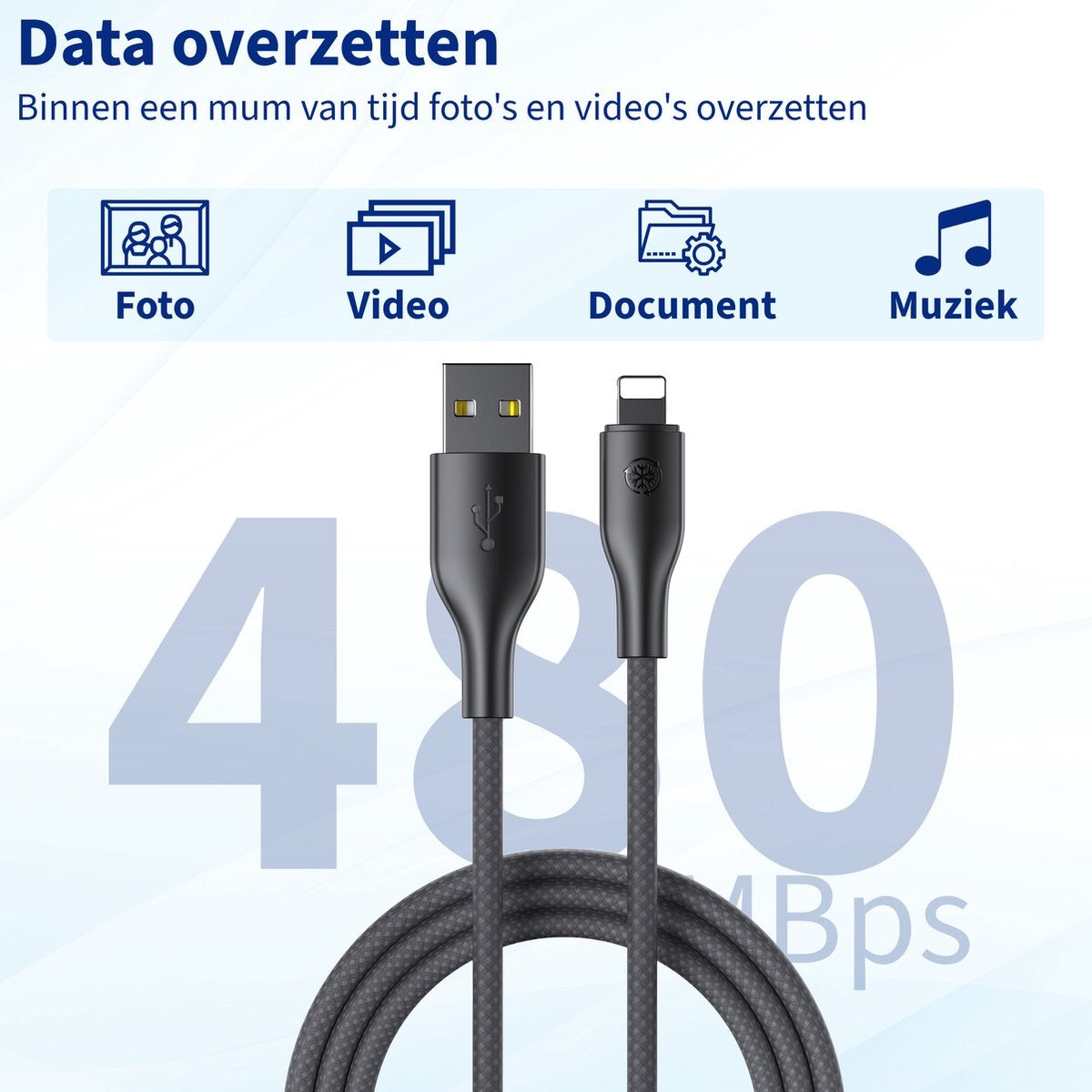 Een zwarte USB-kabel met een lightning-connector. Pictogrammen voor foto's, video's, documenten en muziek worden weergegeven. Het nummer 480 is zichtbaar.
