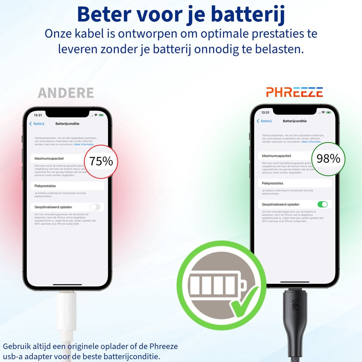 Twee telefoons die de batterijstatus tonen: 75% en 98%. Een oplaadkabel is aangesloten op de telefoon met 98% batterij.