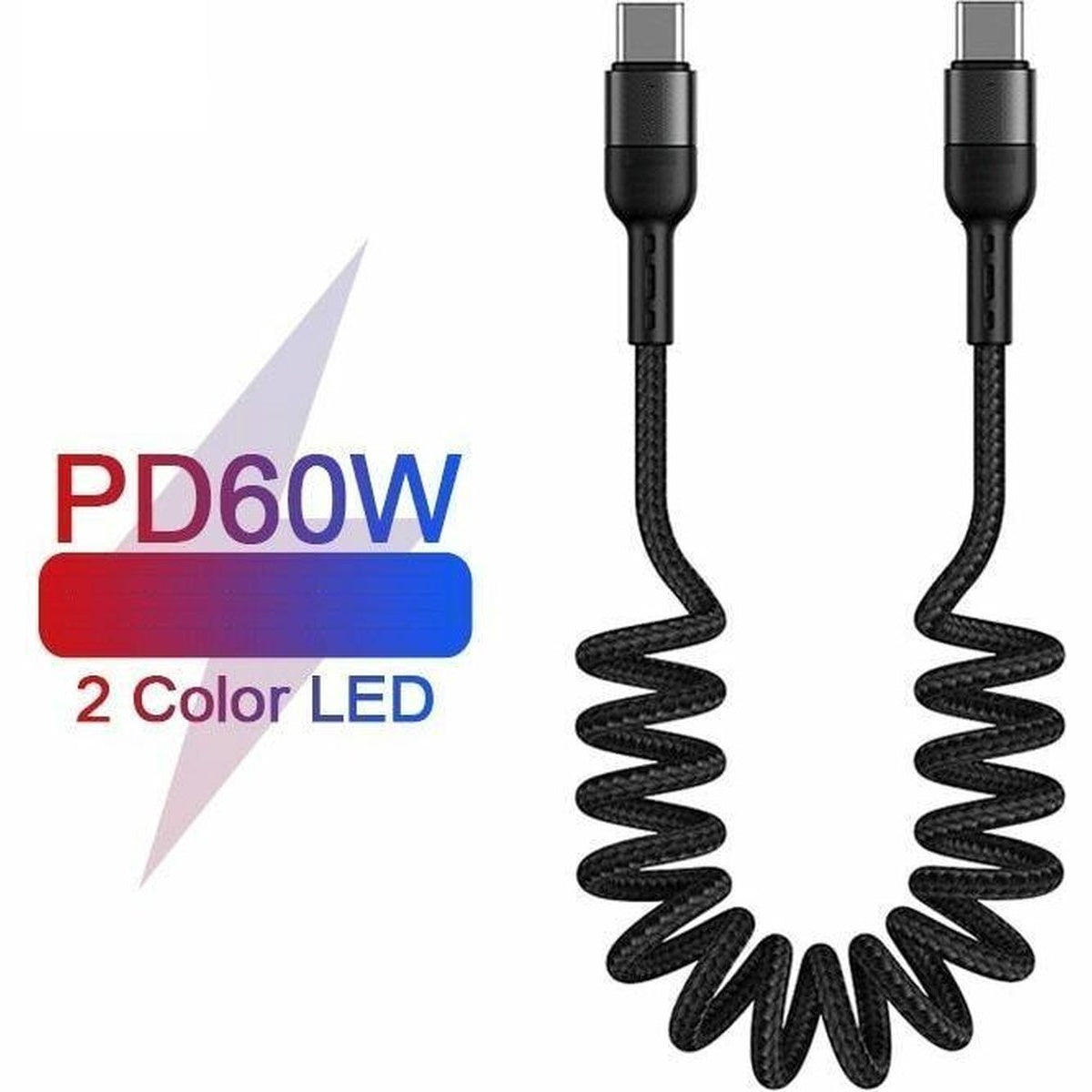 Twee zwarte, opgerolde USB-C-kabels. Tekst luidt "PD60W" en "2 Color LED" met een rood-blauwe gradiënt.
