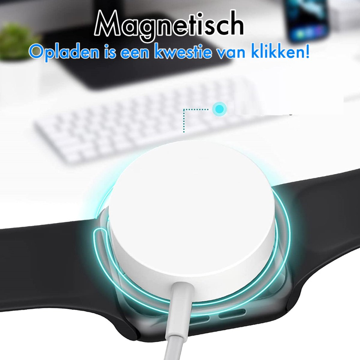 A smartwatch charging on a white magnetic charger. The charger is connected to a white cable. Text on top says 'Magnetisch'.