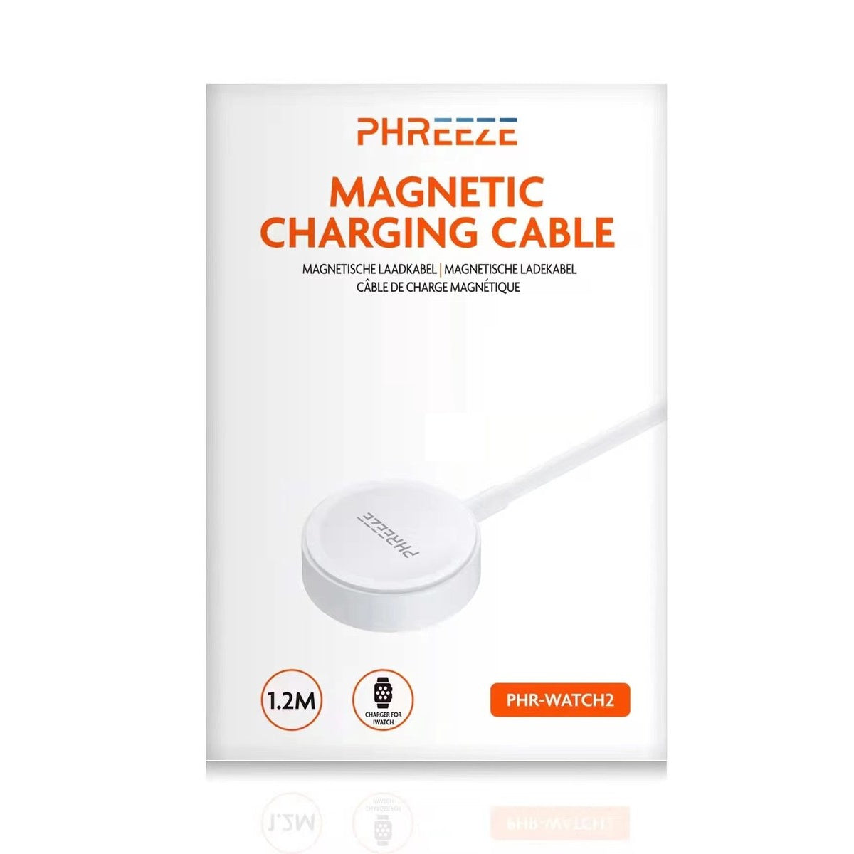 A white box with a charging cable. Text says 'Magnetic Charging Cable'. A watch charging base is shown.