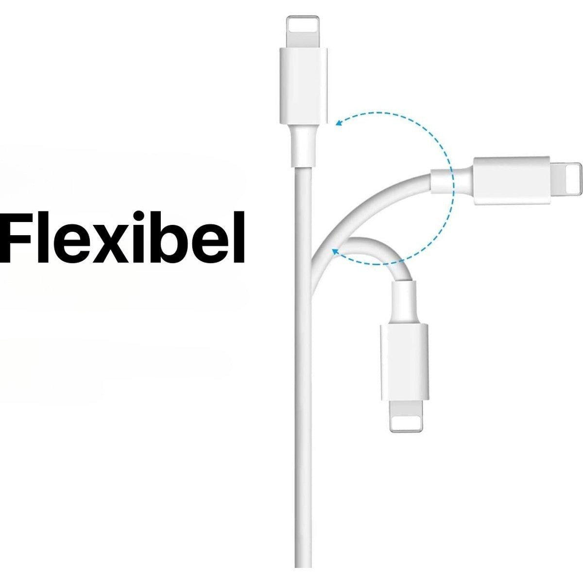 Witte oplaadkabel met drie connectoren, in verschillende richtingen gebogen. Tekst "Flexibel" links.