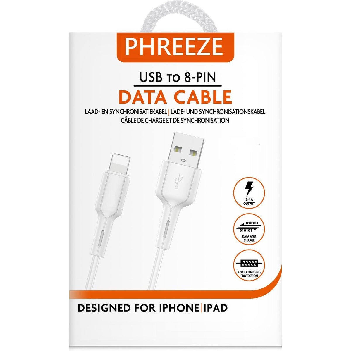 A white USB to 8-pin data cable package. The package says PHREEZE, data cable, and designed for iPhone iPad.