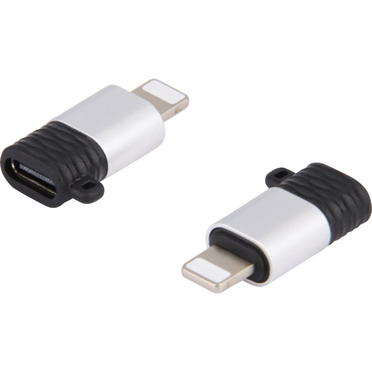 Twee zilveren en zwarte USB-adapters op een witte achtergrond. Eén heeft een USB-C-poort, de andere een lightning-poort.