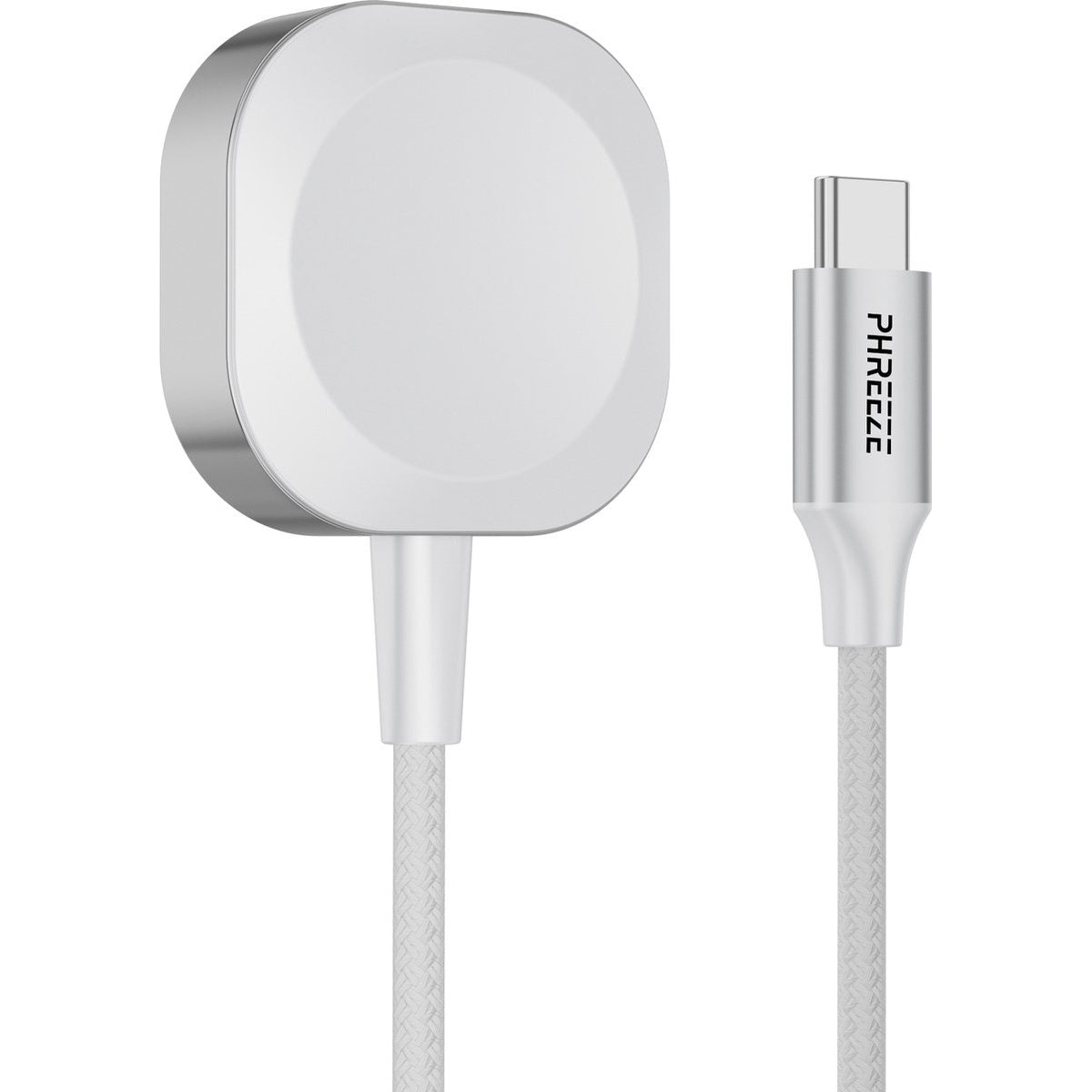 Een witte Apple Watch-oplader en een USB-C-kabel. De oplader heeft een zilveren rand, en de kabel heeft de merknaam PHREEZE.