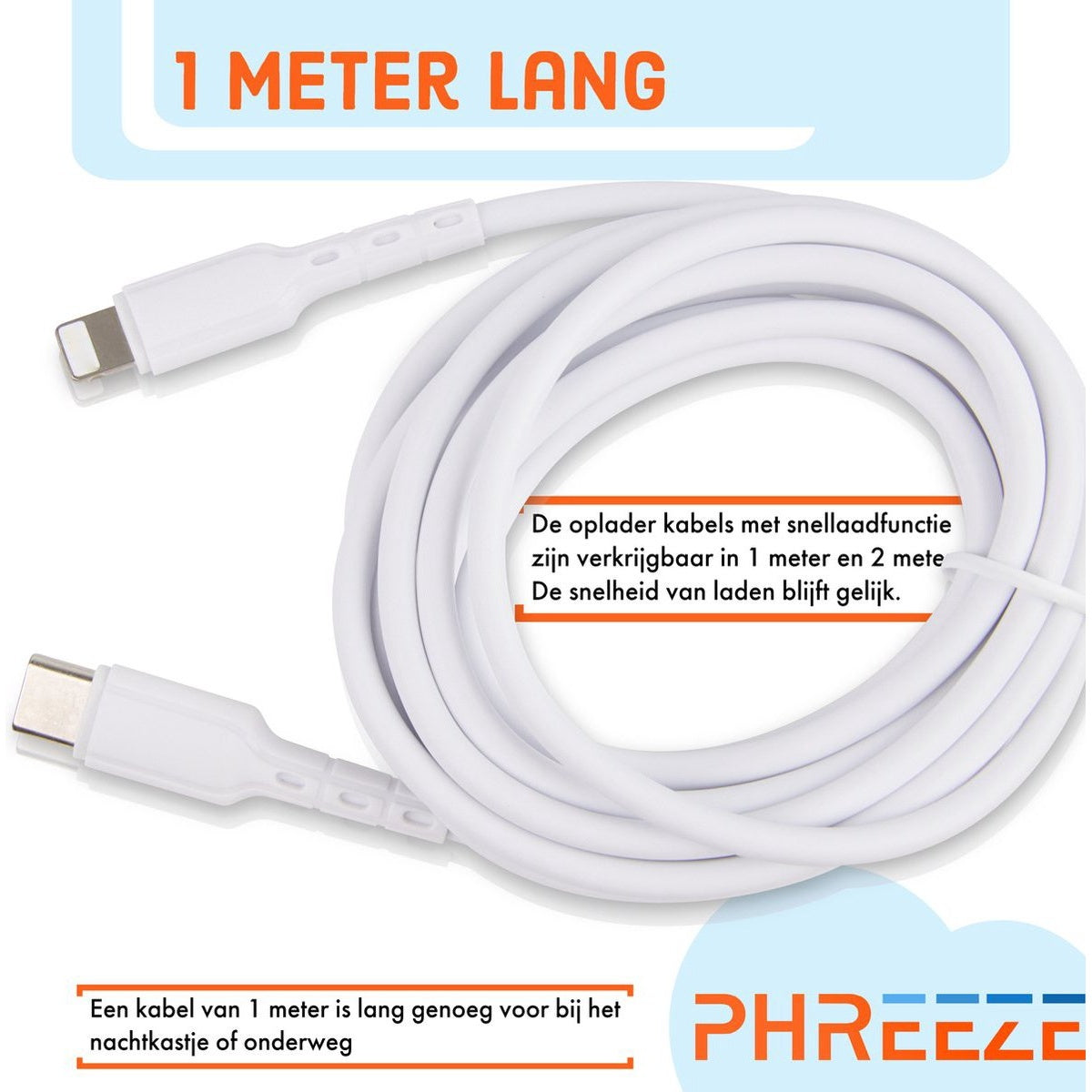 Witte oplaadkabel met connectoren aan beide uiteinden, opgerold. De tekst luidt '1 meter lang' en productinfo.