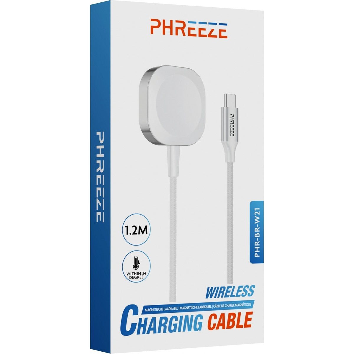 Verpakte draadloze oplaadkabel. Witte kabel en oplader, met de merknaam PHREEZE op de verpakking.