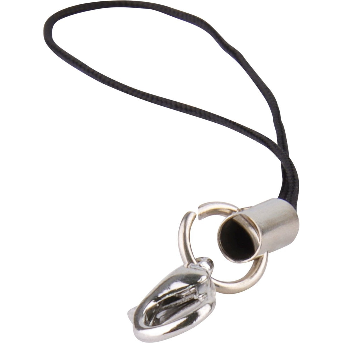 Een zilveren sluiting met een zwarte koordlus. De sluiting heeft een cilindrische basis, een ring en een haakachtige sluiting.