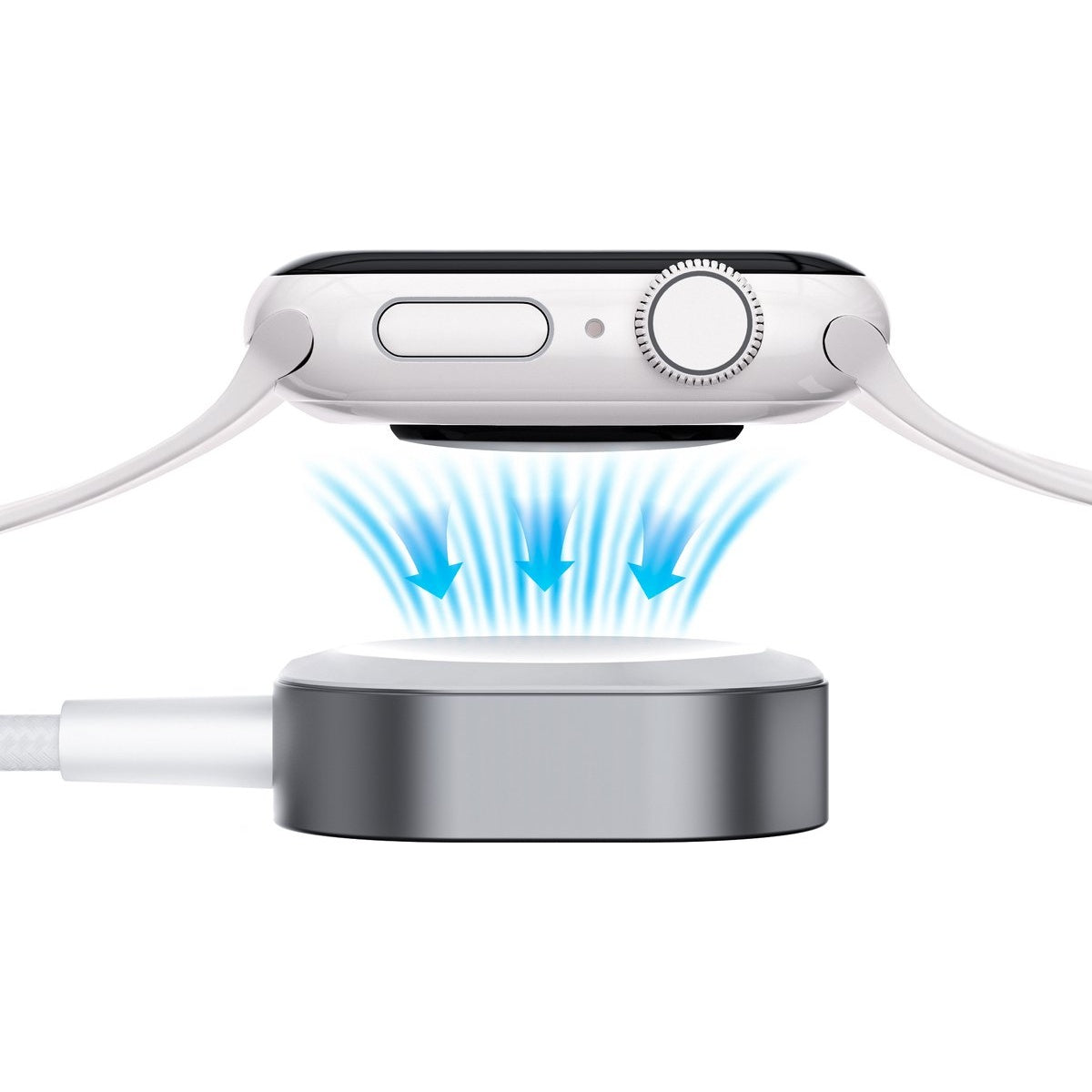 Een witte smartwatch laadt draadloos op een grijze pad. Blauwe energielijnen verbinden het horloge en de oplader.