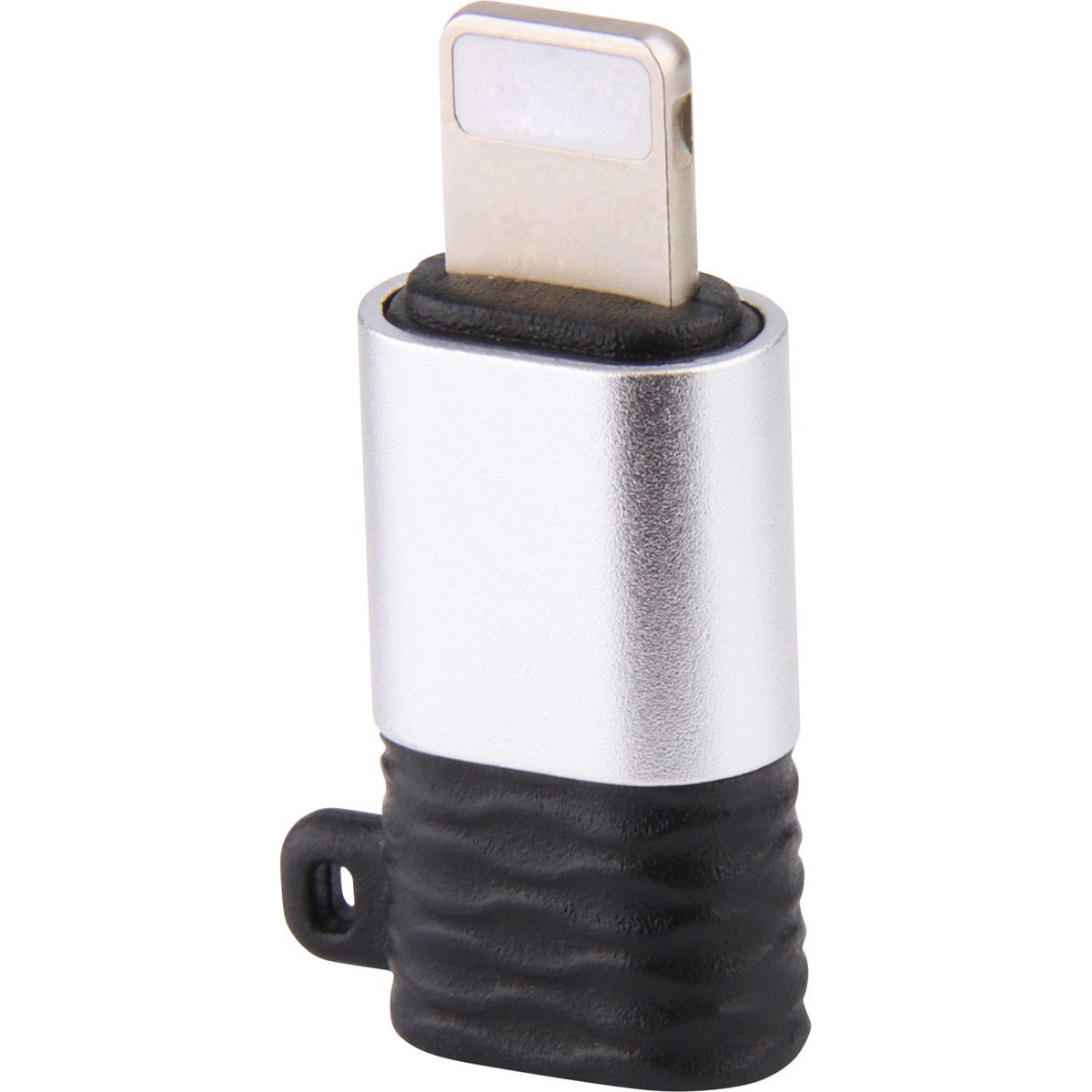 Een zilveren en zwarte adapter met een Lightning-connector. Het heeft een zilveren behuizing en een zwarte, getextureerde basis met een lus.