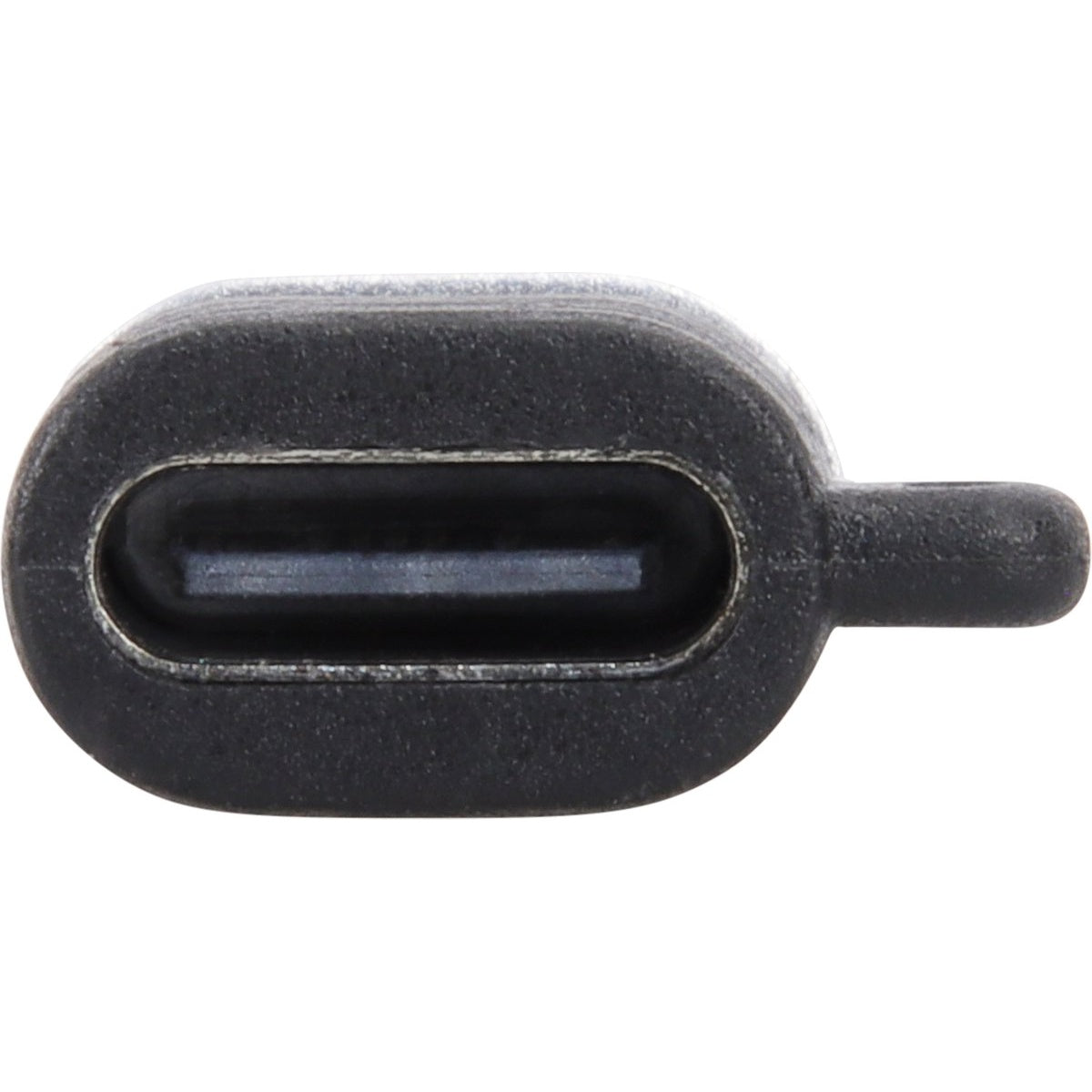 Close-up van een zwarte USB-C connector. Het heeft een ovale vorm met een centrale opening en een klein lipje aan de zijkant.
