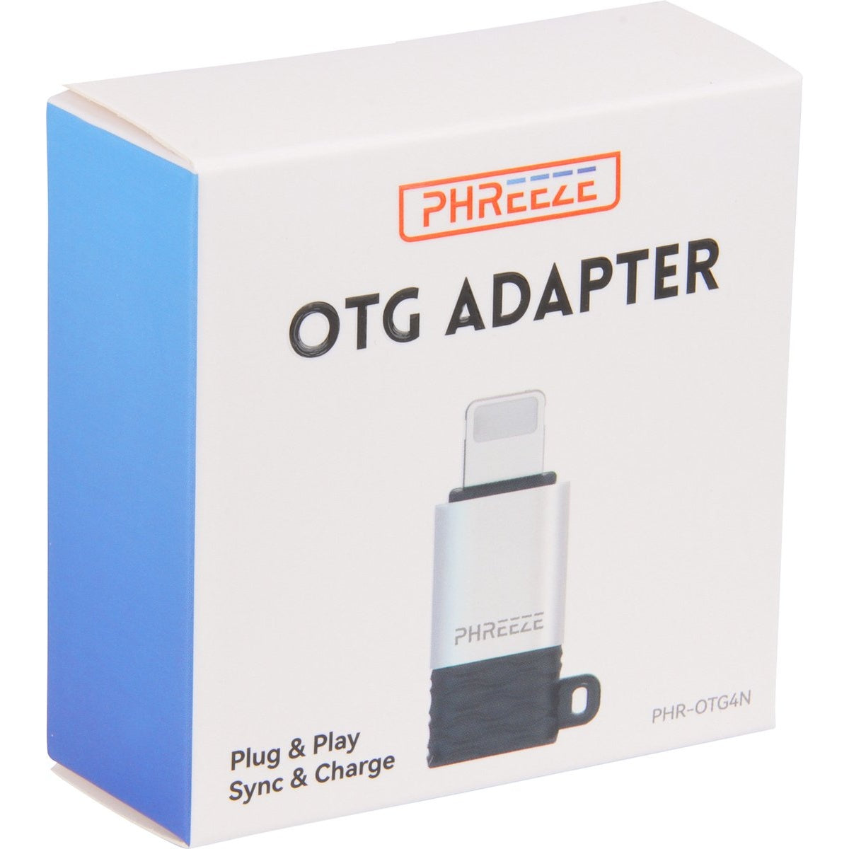 Doos met "OTG ADAPTER" tekst en een zilveren adapter, "PHREEZE" logo en "Plug & Play Sync & Charge" tekst.