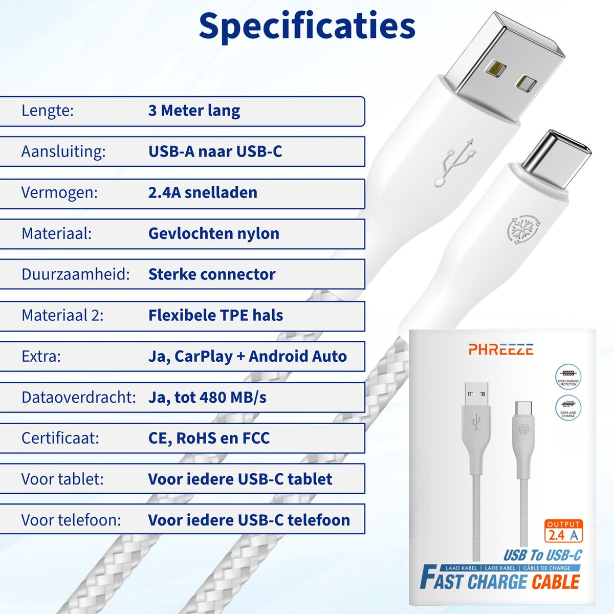 Witte USB-A naar USB-C oplaadkabel met specificaties. Kenmerken zijn 3m lengte, 2.4A snelladen en nylon materiaal.