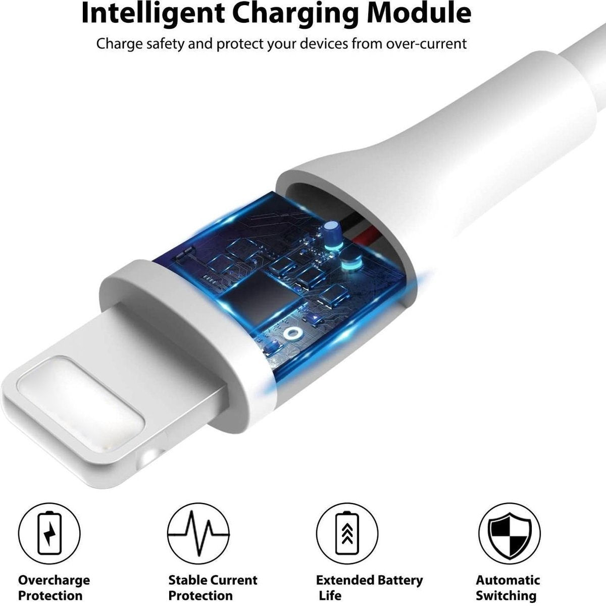 White charging module with exposed circuit board. Icons below describe overcharge, stable current, extended battery life, and automatic switching.