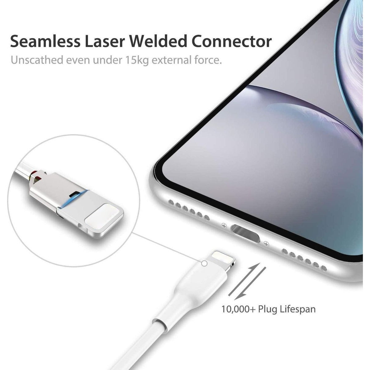 White charging cable connected to a phone. The cable has a lightning connector and a seamless laser-welded connector.