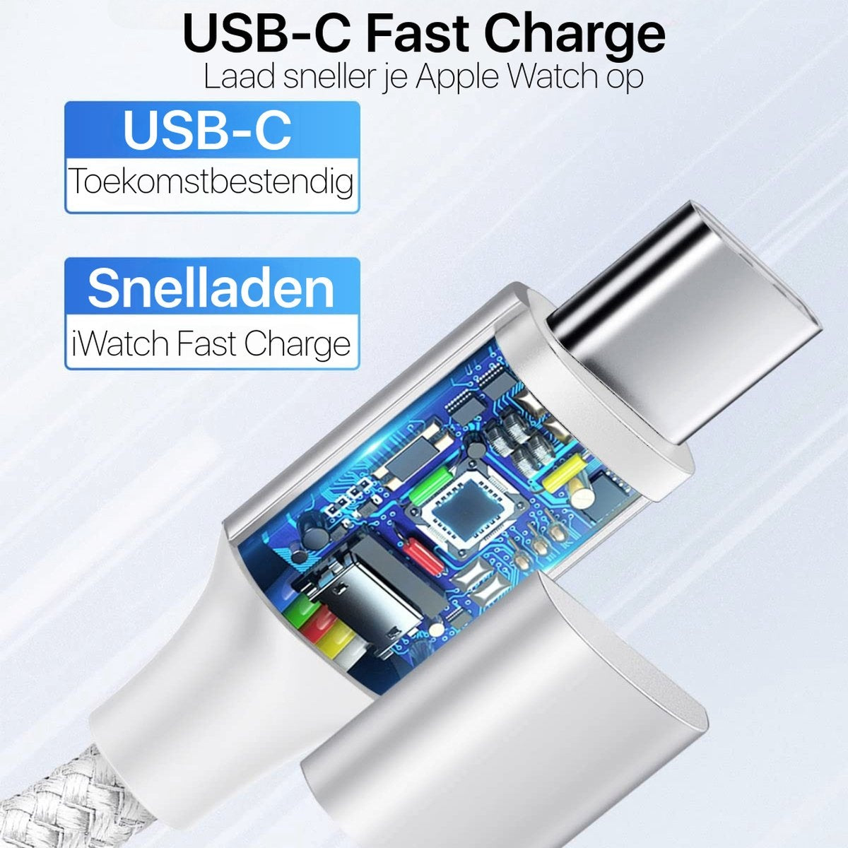 A USB-C charging cable is shown, with its internal components visible. Text indicates fast charging for Apple Watch.