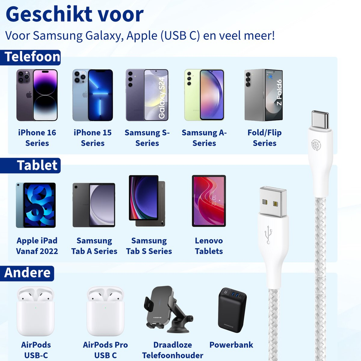 Een advertentie met telefoons, tablets en accessoires zoals AirPods, een telefoonhouder en een powerbank, met een witte oplaadkabel.
