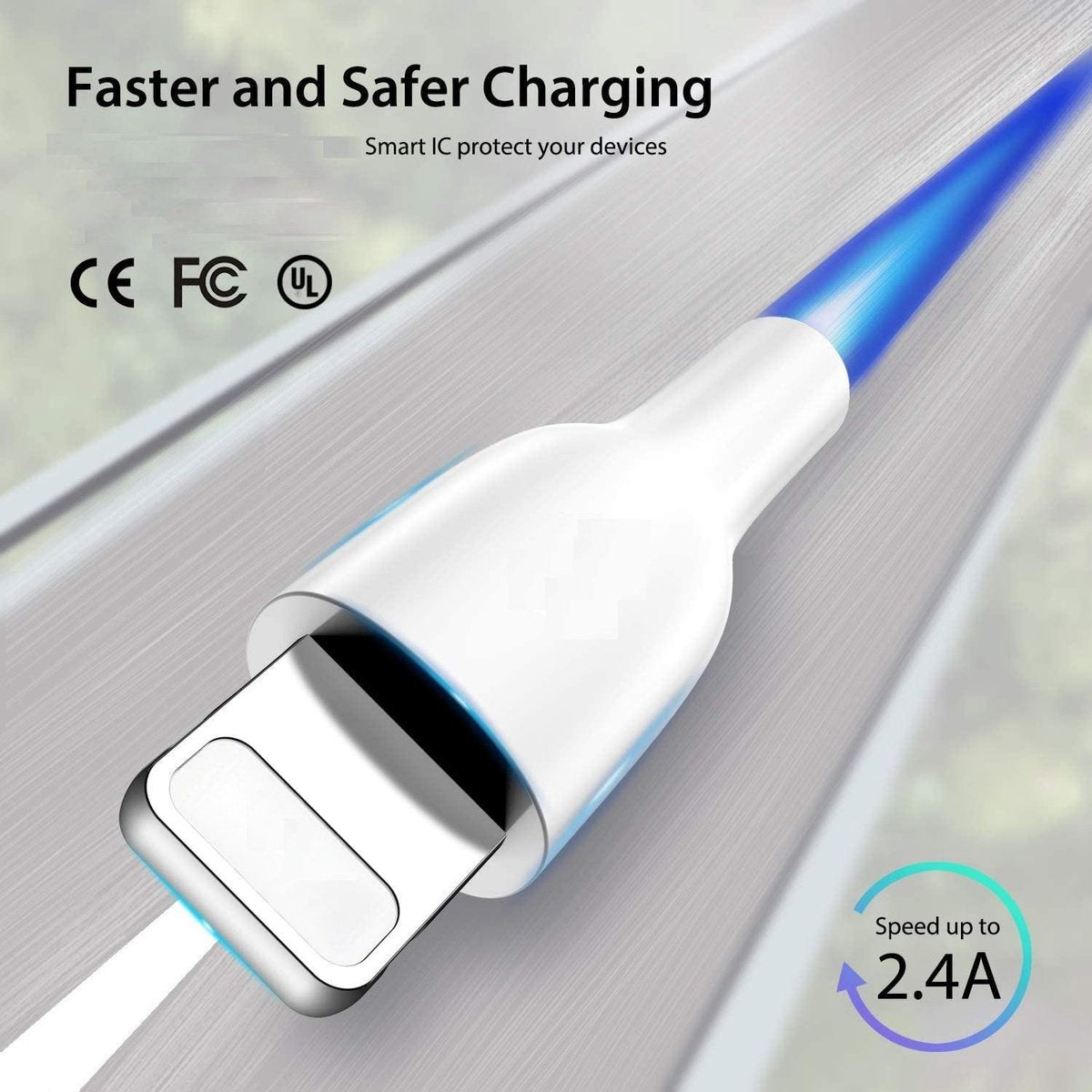White charging cable with blue light tip. Text reads 'Faster and Safer Charging', 'Speed up to 2.4A'.
