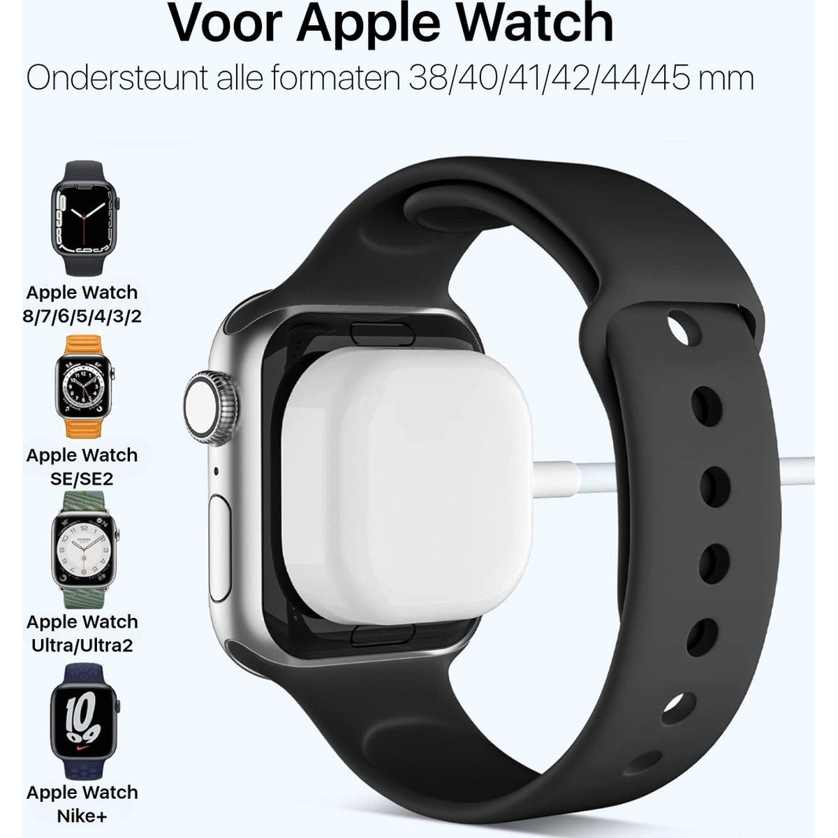 An Apple Watch charging on a white square charger. A black watch band is attached. Text mentions supported sizes and watch models.