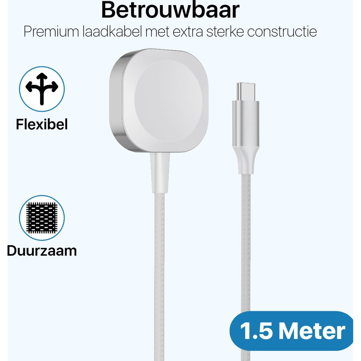 White charging cable with a circular charging head and a USB-C connector. The text says '1.5 Meter'.