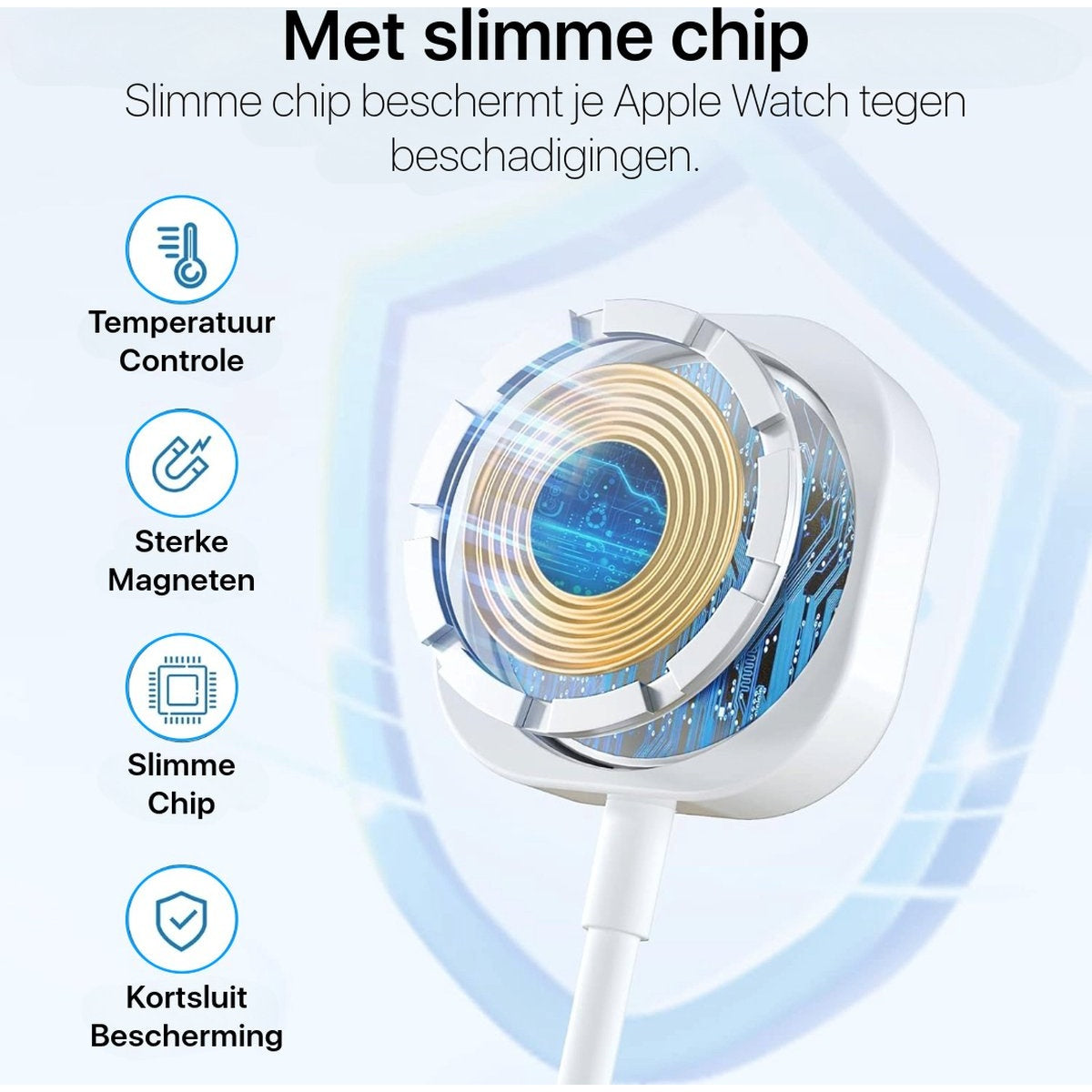 A white Apple Watch charger with a gold coil inside. Text includes 'Slimme chip' and icons for temperature, magnets, and short circuit protection.