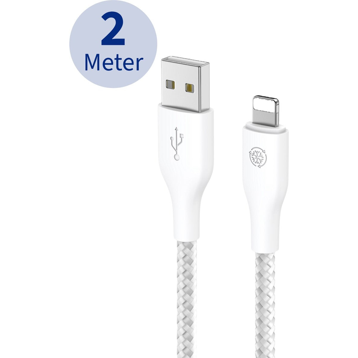 Een witte USB naar Lightning kabel wordt getoond. Een blauwe cirkel toont '2 Meter'. De kabel heeft een gevlochten ontwerp.