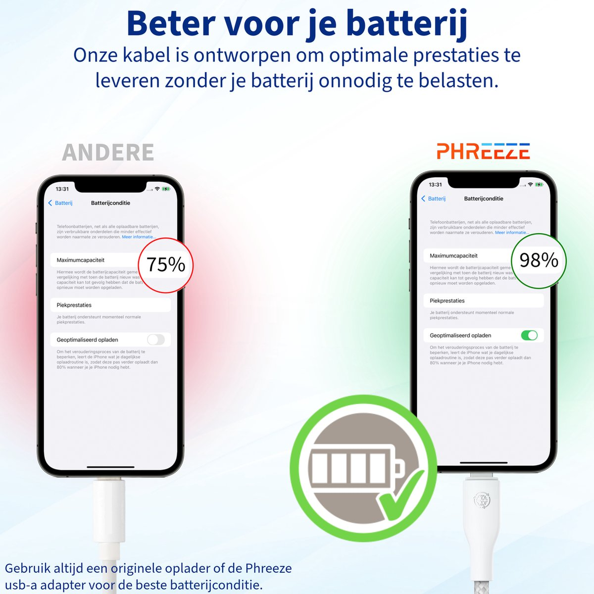 Afbeelding toont twee telefoons met batterijconditie. Eén toont 75%, de andere 98%. De tekst promoot het gebruik van een Phreeze-oplader.