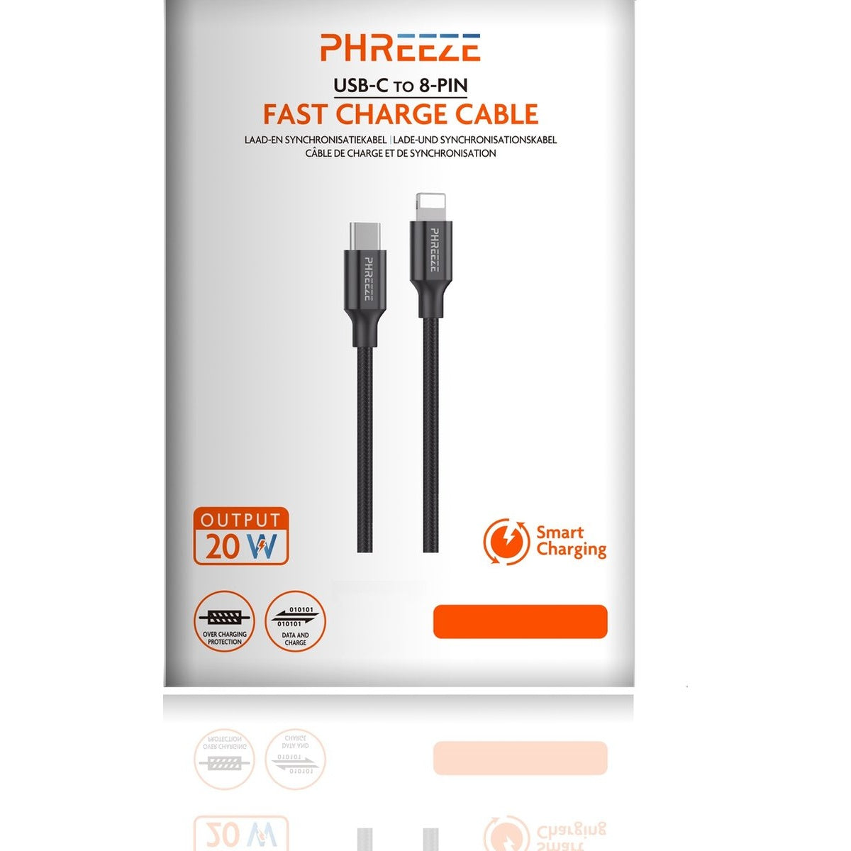 A black USB-C to 8-Pin fast charge cable is displayed on a white background with orange and black text.