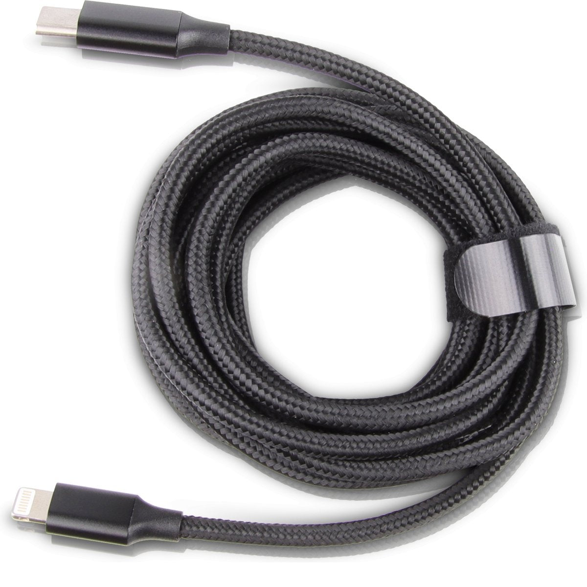 Black braided charging cable with USB-C and Lightning connectors, coiled, secured with a velcro strap on a white background.
