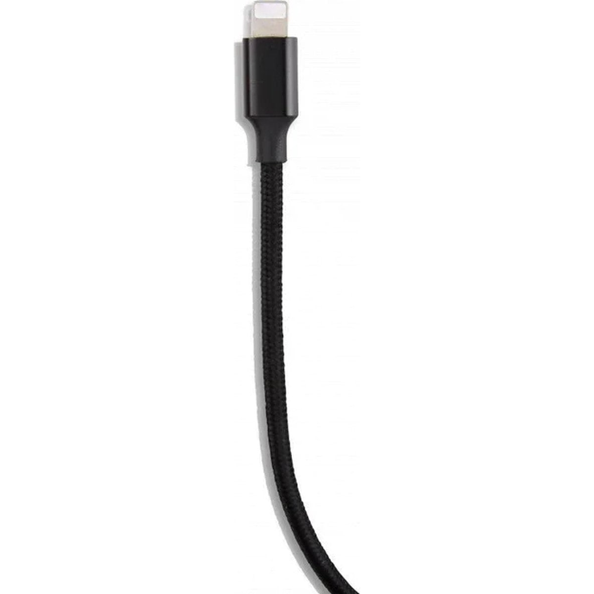 A black charging cable against a white background. The cable has a lightning connector at the top and a braided cord.