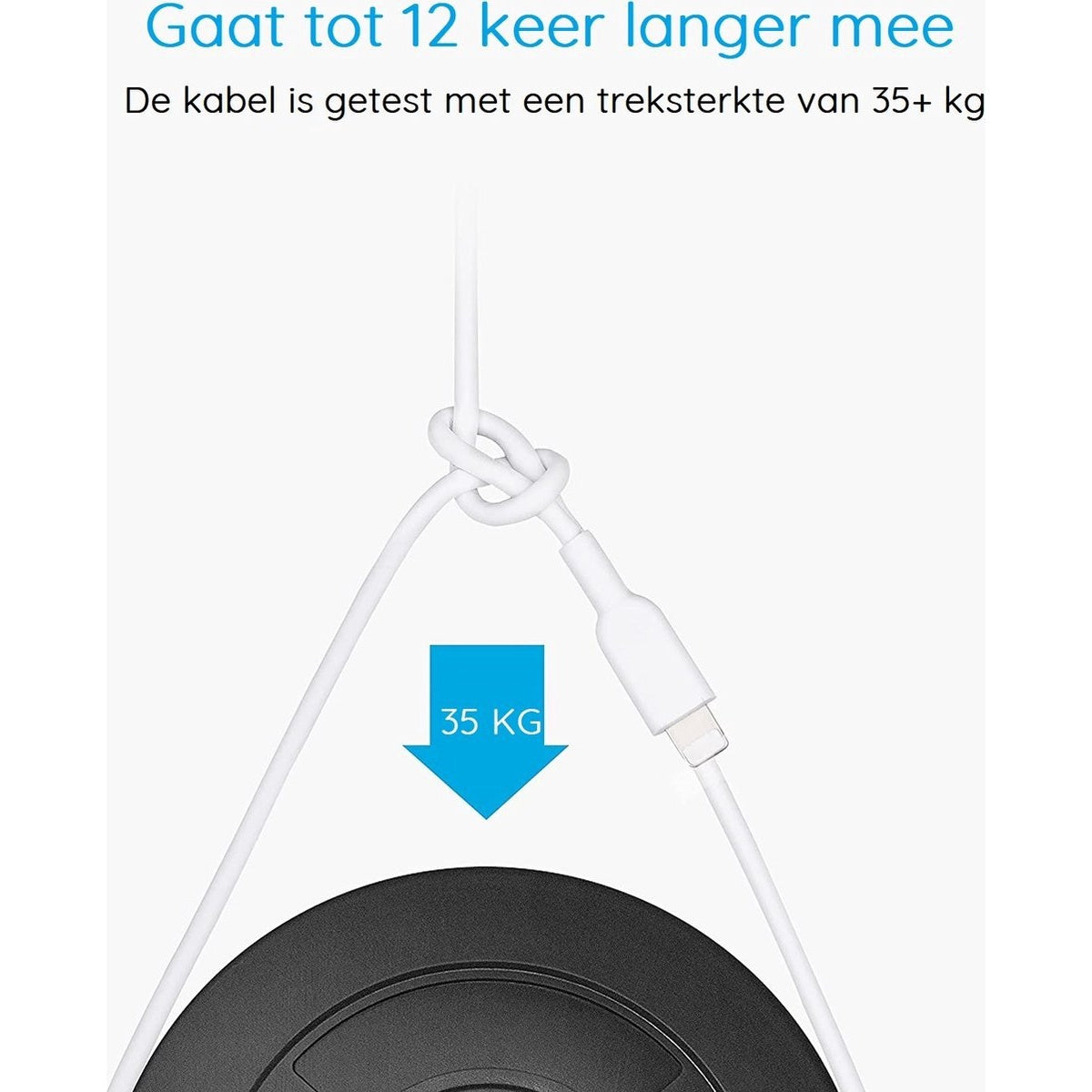 Witte kabel in een knoop, verbonden met een zwart cirkelvormig object, met een pijl naar beneden en de tekst 35 KG.