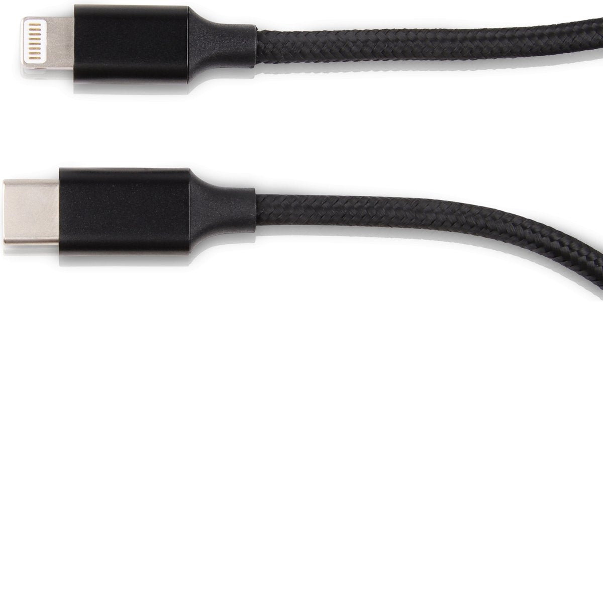 Two black charging cables against a white background. One has a lightning connector, the other a USB-C connector.