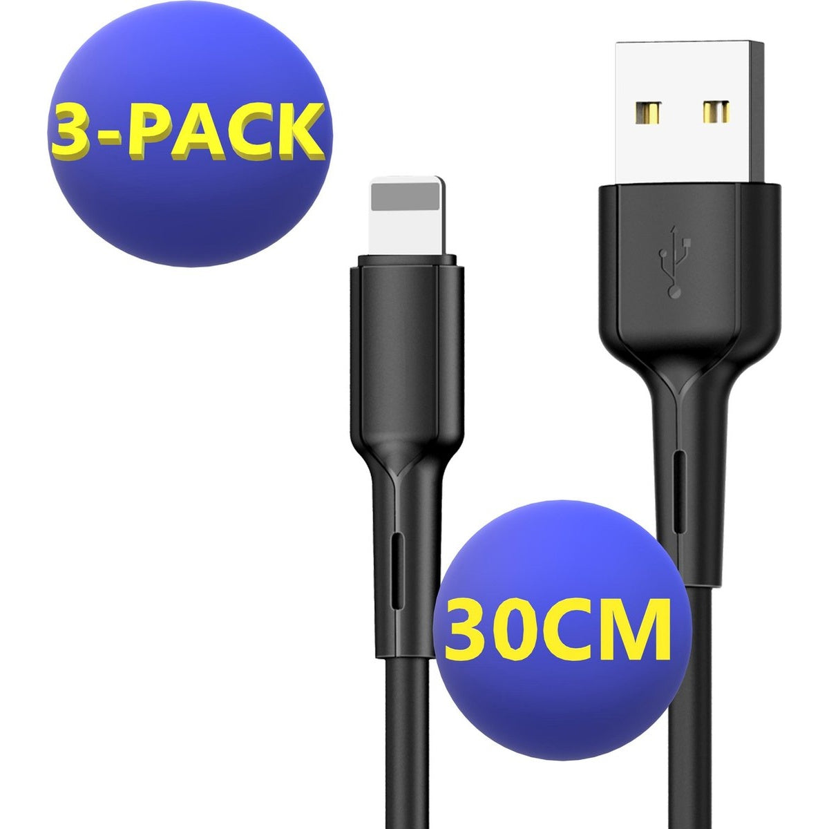 Image shows three black charging cables with a USB and lightning connector. Two blue spheres with text '3-PACK' and '30CM'.