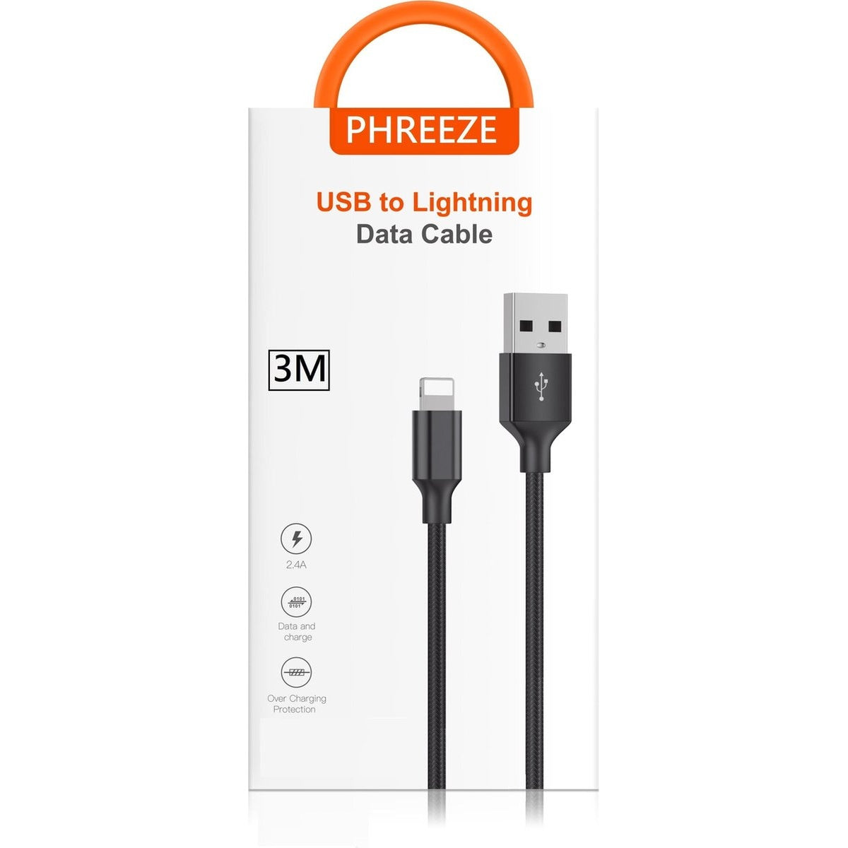 A USB to Lightning data cable on a white background. The packaging shows the brand 'PHREEZE' and cable specifications.