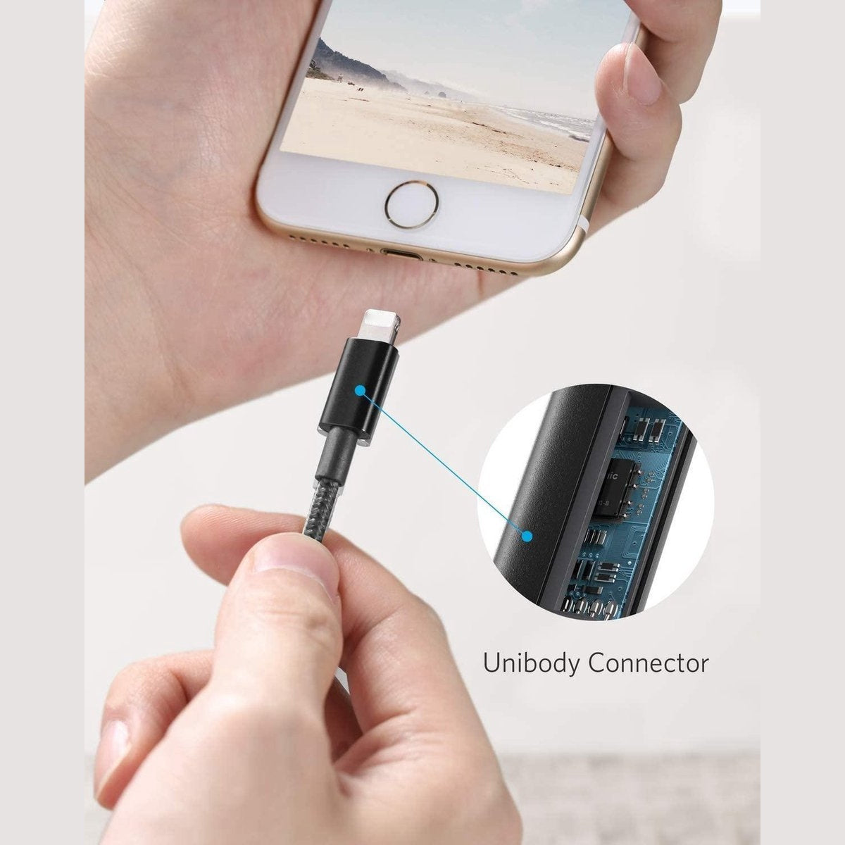 A hand holds a phone with a cable connected. A magnified view shows the cable connector. The text "Unibody Connector" is below.