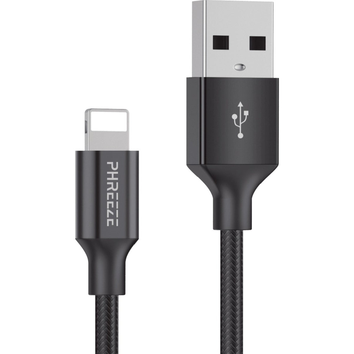 Een zwarte USB-kabel met een Lightning-connector en een USB-A-connector. De kabel staat op een witte achtergrond.