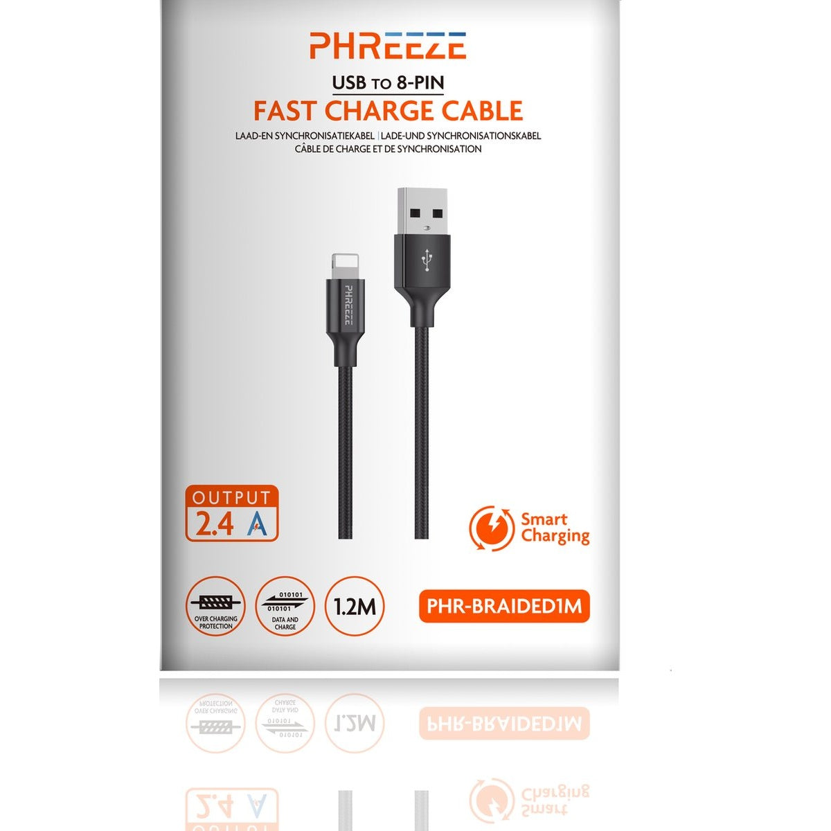 Een zwarte USB naar 8-pins snellaadkabel wordt weergegeven. De verpakking toont het product met tekst en pictogrammen. De merknaam is PHREEZE.