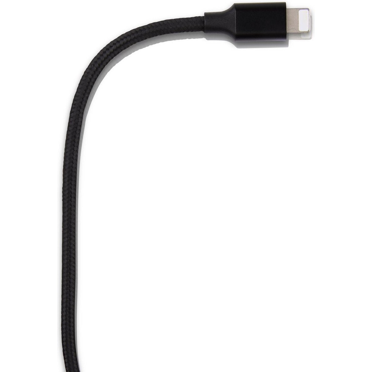 Een zwarte Lightning-kabel op een witte achtergrond. De kabel is gebogen. De connector zit bovenaan. De kabel heeft een gevlochten textuur.