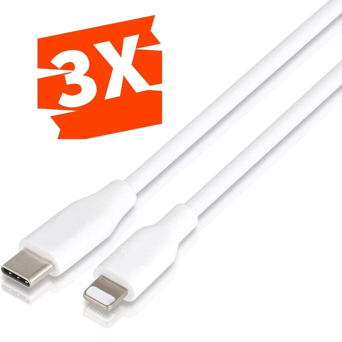 Een witte USB-C naar Lightning-kabel. Een oranje banner met '3X' linksboven.
