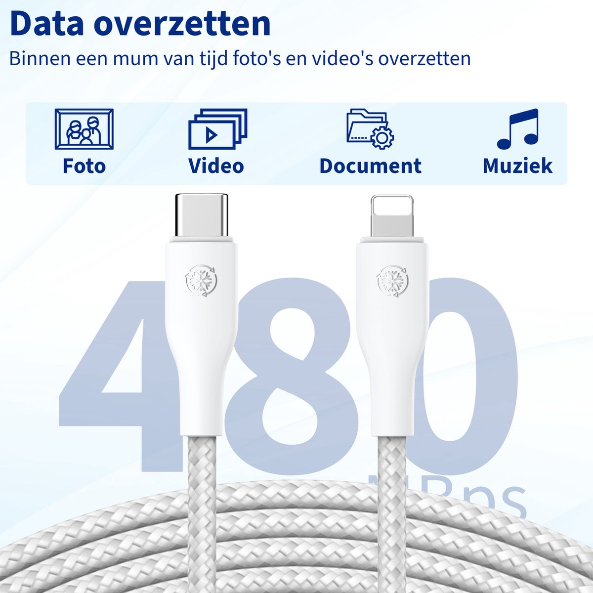 Witte oplaadkabels met verschillende connectoren. Pictogrammen voor foto, video, document en muziek. Cijfers 480 op de achtergrond.