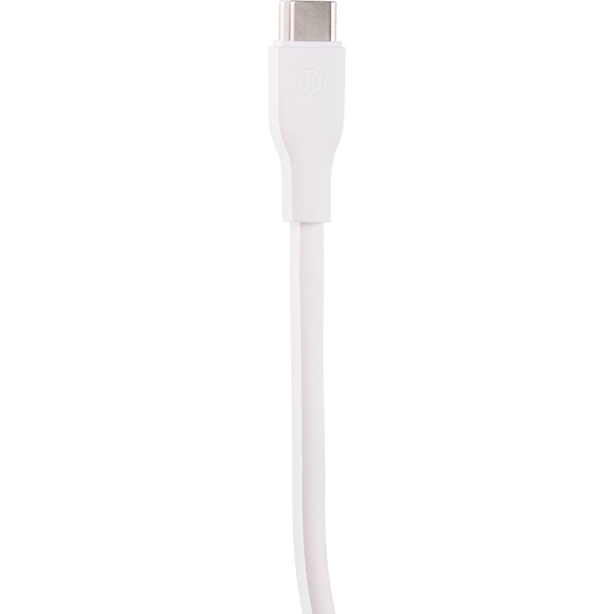 A white USB-C charging cable. The connector at the top is silver. The cable is against a white background.