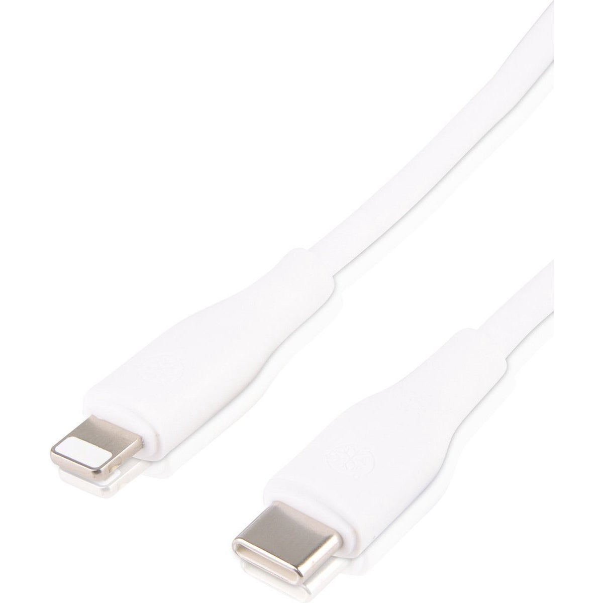 A white charging cable with a USB-C connector and a lightning connector on a white background.