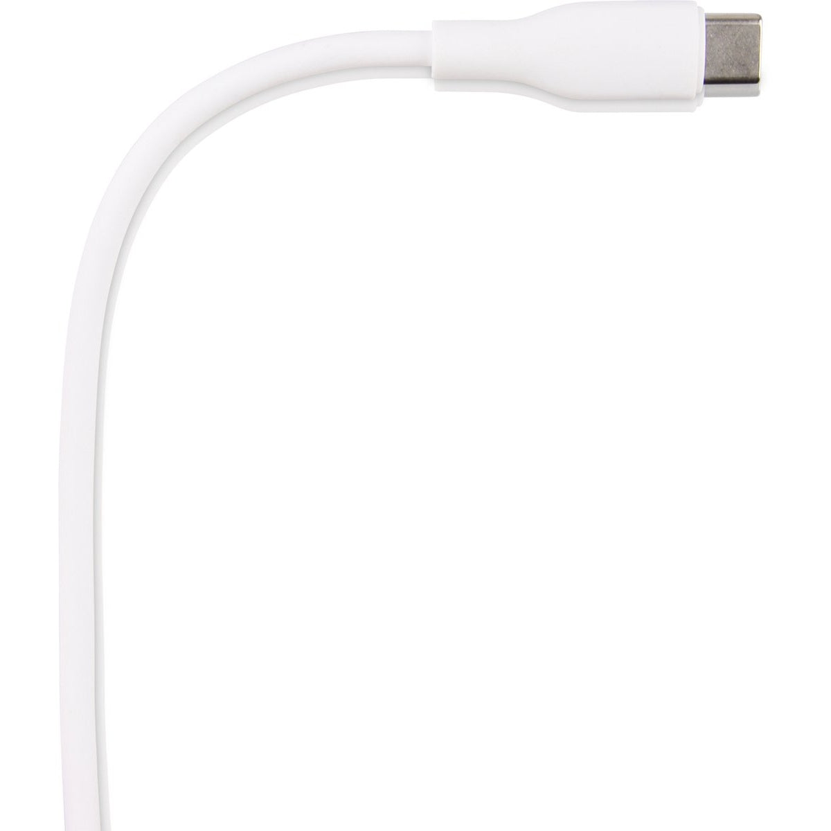 A white USB-C cable on a white background. The cable is curved. The connector is silver.