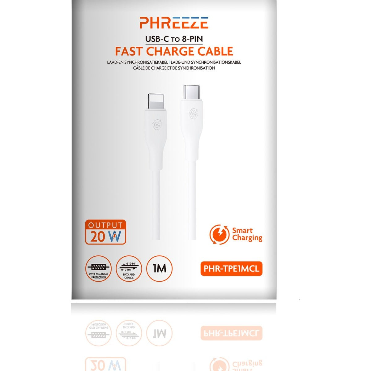 White USB-C to 8-Pin fast charge cable on a white background. Text includes 'PHREEZE' and '20W output'.
