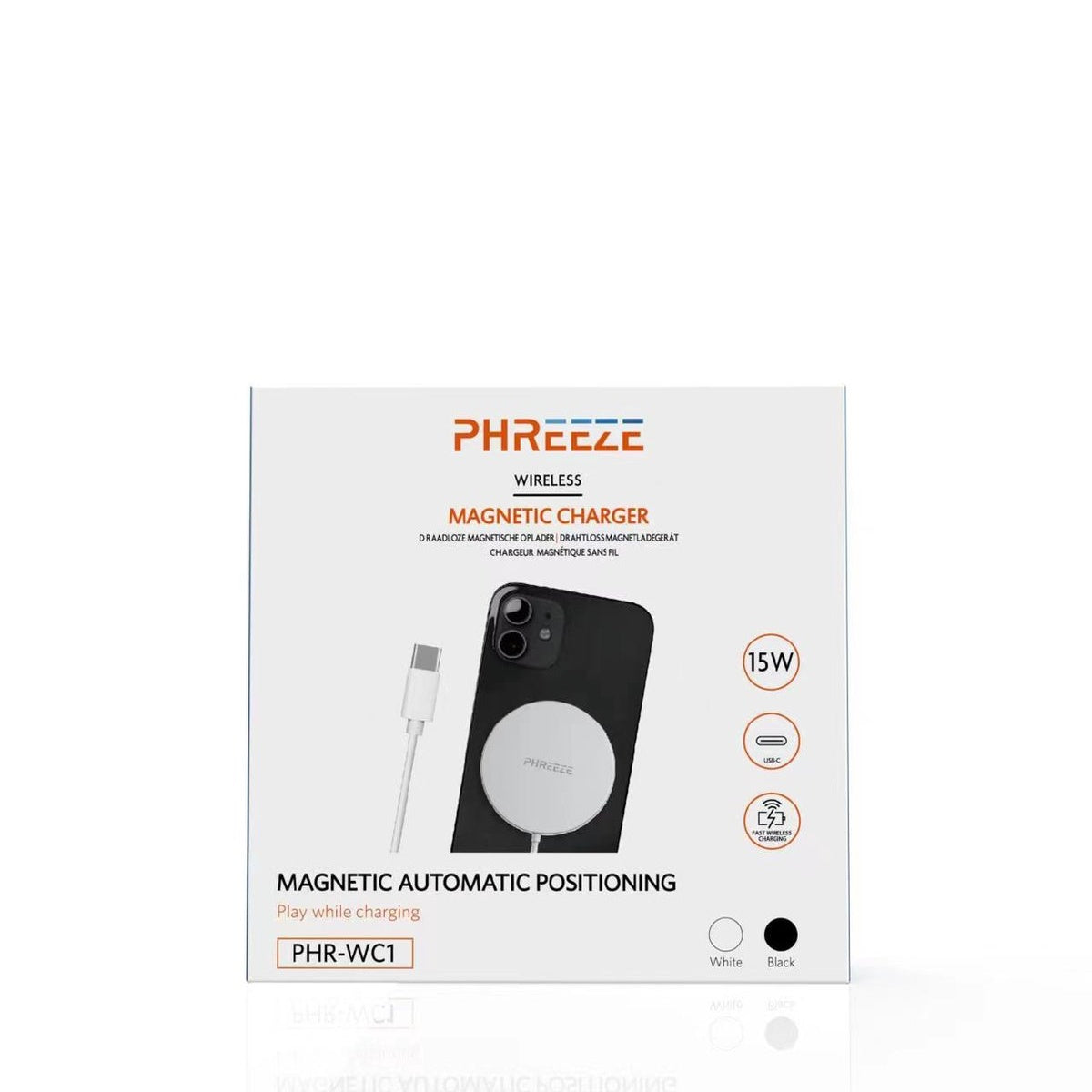 Doos met telefoon en oplader. Tekst bevat 'Wireless Magnetic Charger', 'Magnetic Automatic Positioning' en 'PHR-WC1'.